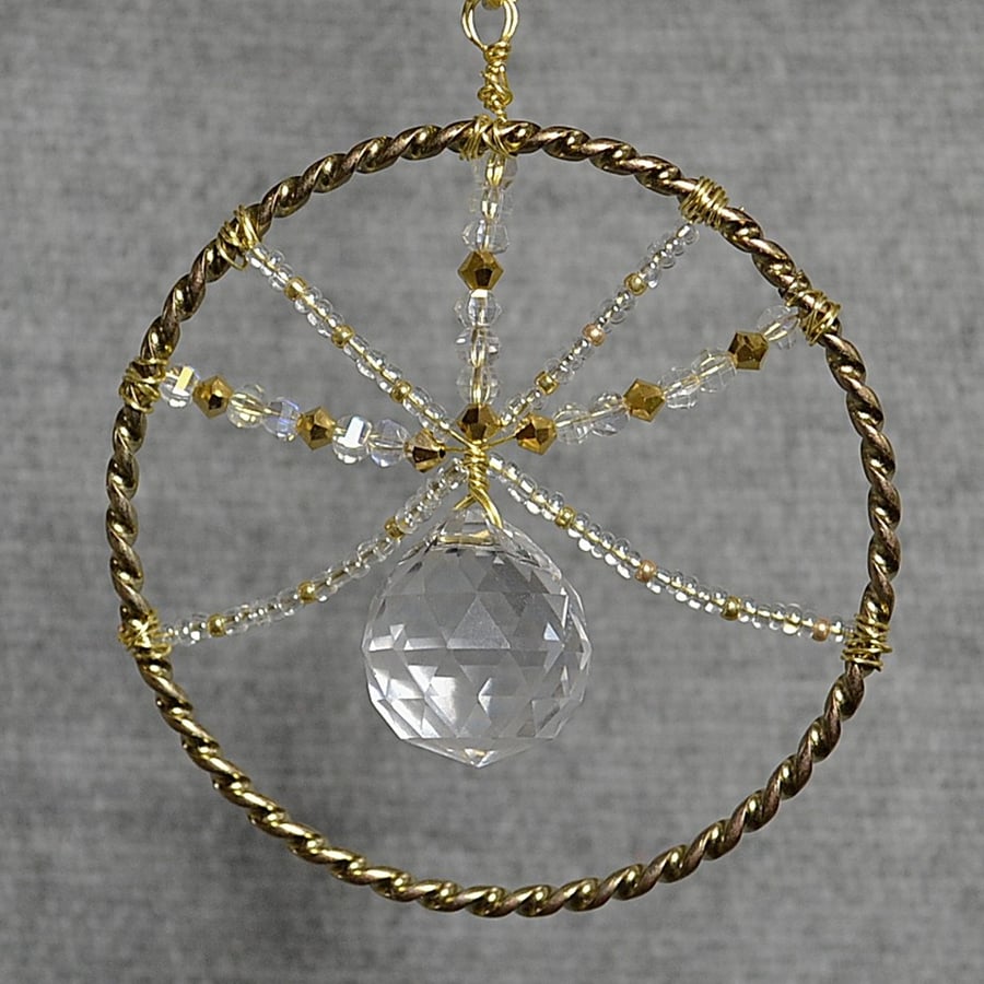 Gold Upcycled Bangle Window Decoration-Suncatcher with Gold and Clear Beads