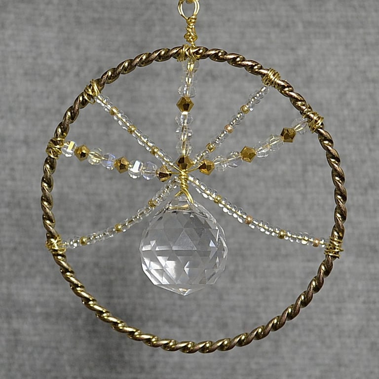 Gold Upcycled Bangle Window Decoration-Suncatcher with Gold and Clear Beads