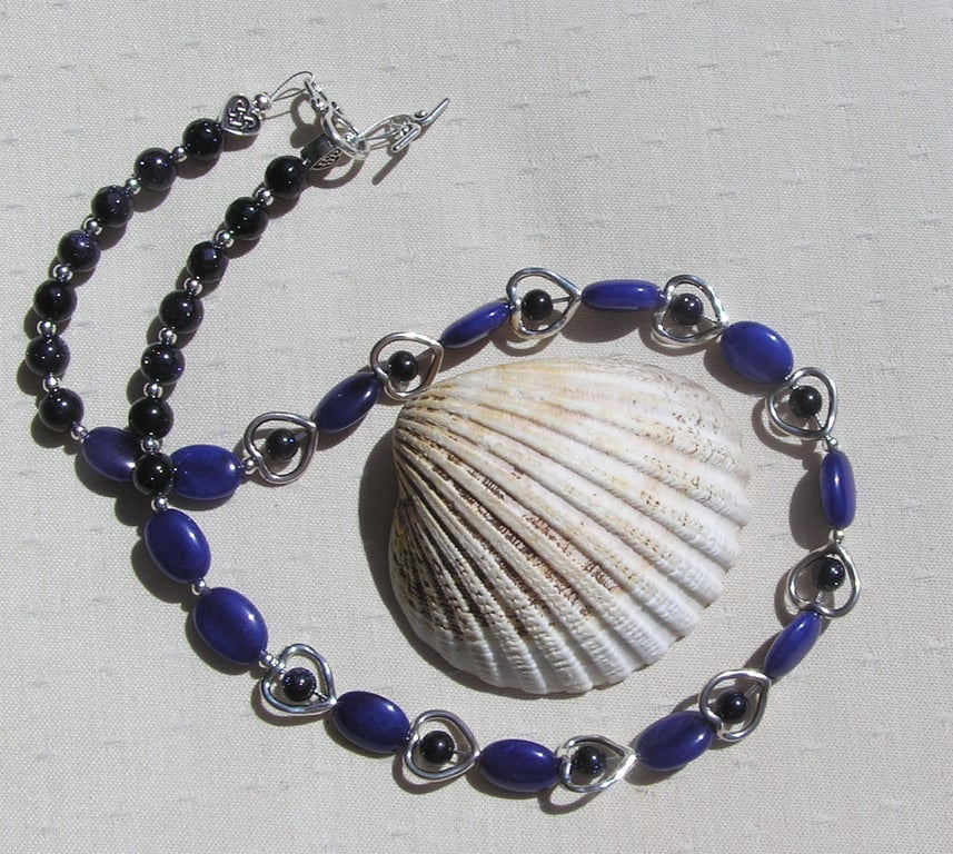 Blue Jade & Blue Goldstone (Sandstone) Gemstone Silver Heart Beaded Necklace