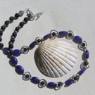 Blue Jade & Blue Goldstone (Sandstone) Gemstone Silver Heart Beaded Necklace