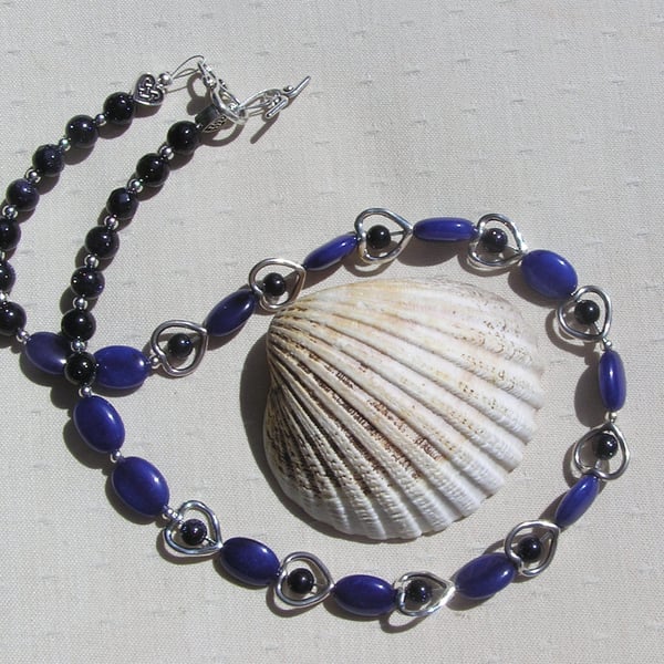 Blue Jade & Blue Goldstone (Sandstone) Gemstone Silver Heart Beaded Necklace