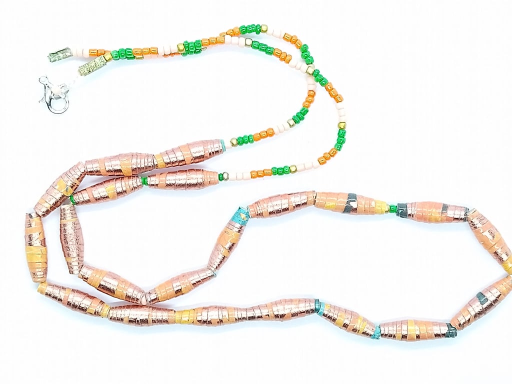 Long Summer Swirl orange and green bead necklace with handmade paper beads.