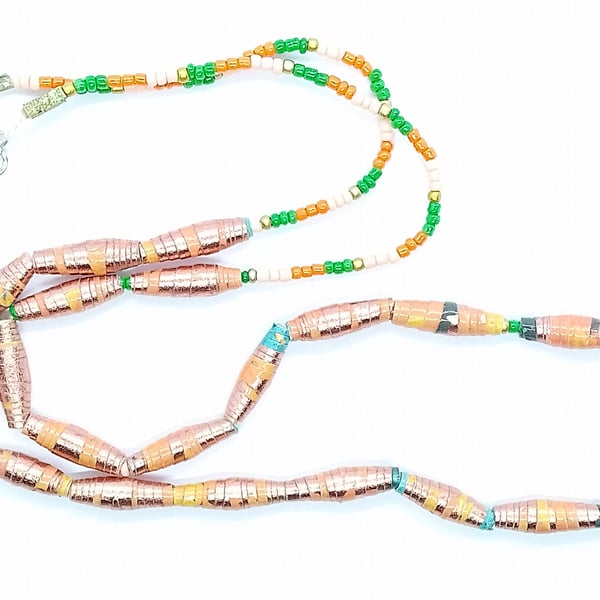 Long Summer Swirl orange and green bead necklace with handmade paper beads.