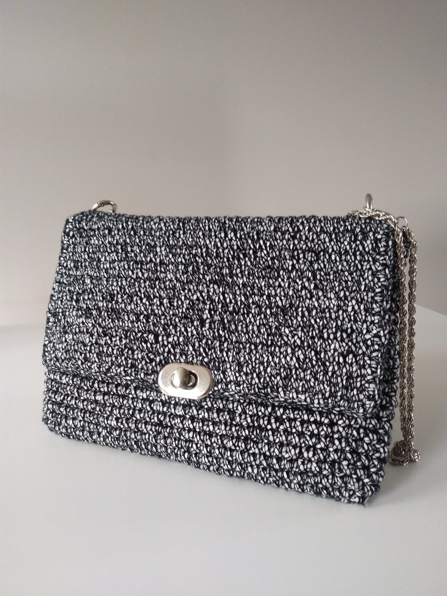 Crochet clutch bag, handmade, black and white m... - Folksy