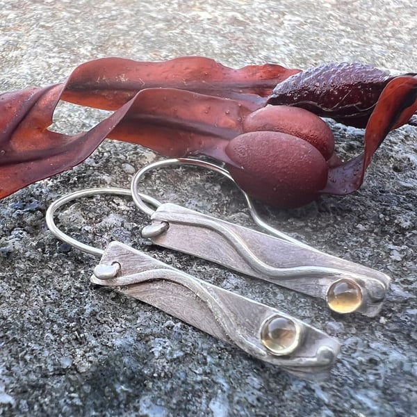 Sterling Silver Seaweed Earrings with Citrine Gemstones
