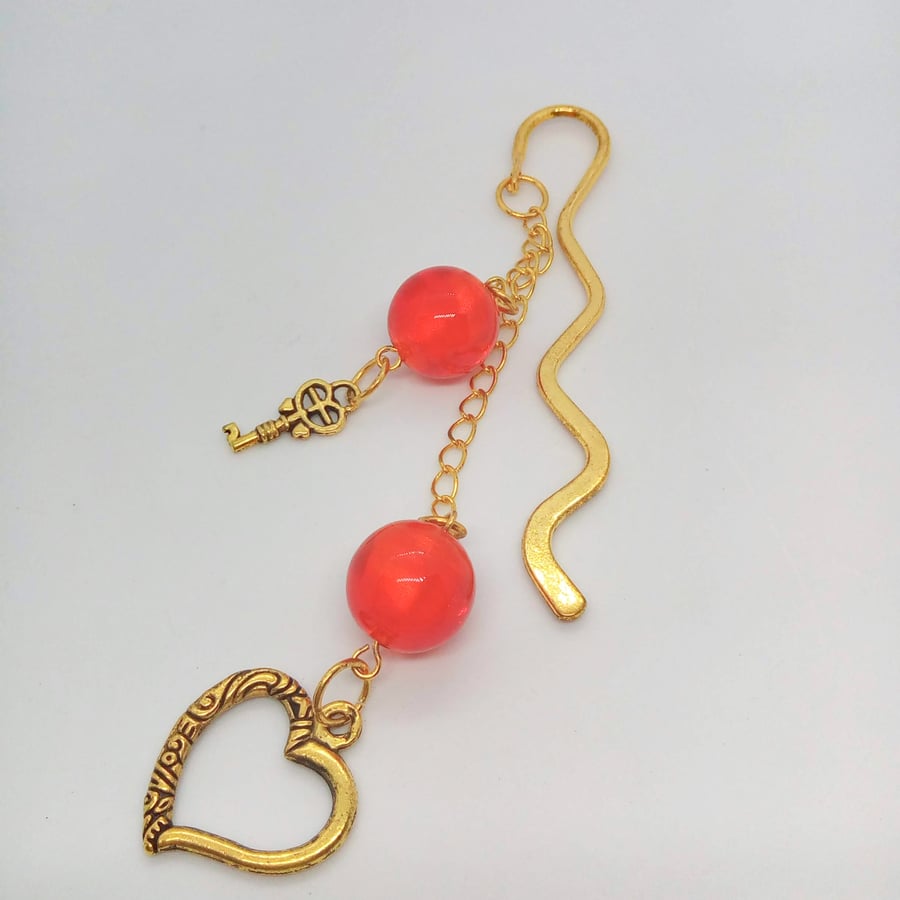 Gold Plated Bookmark with Round Red Glass Beads and Heart and Key Charms