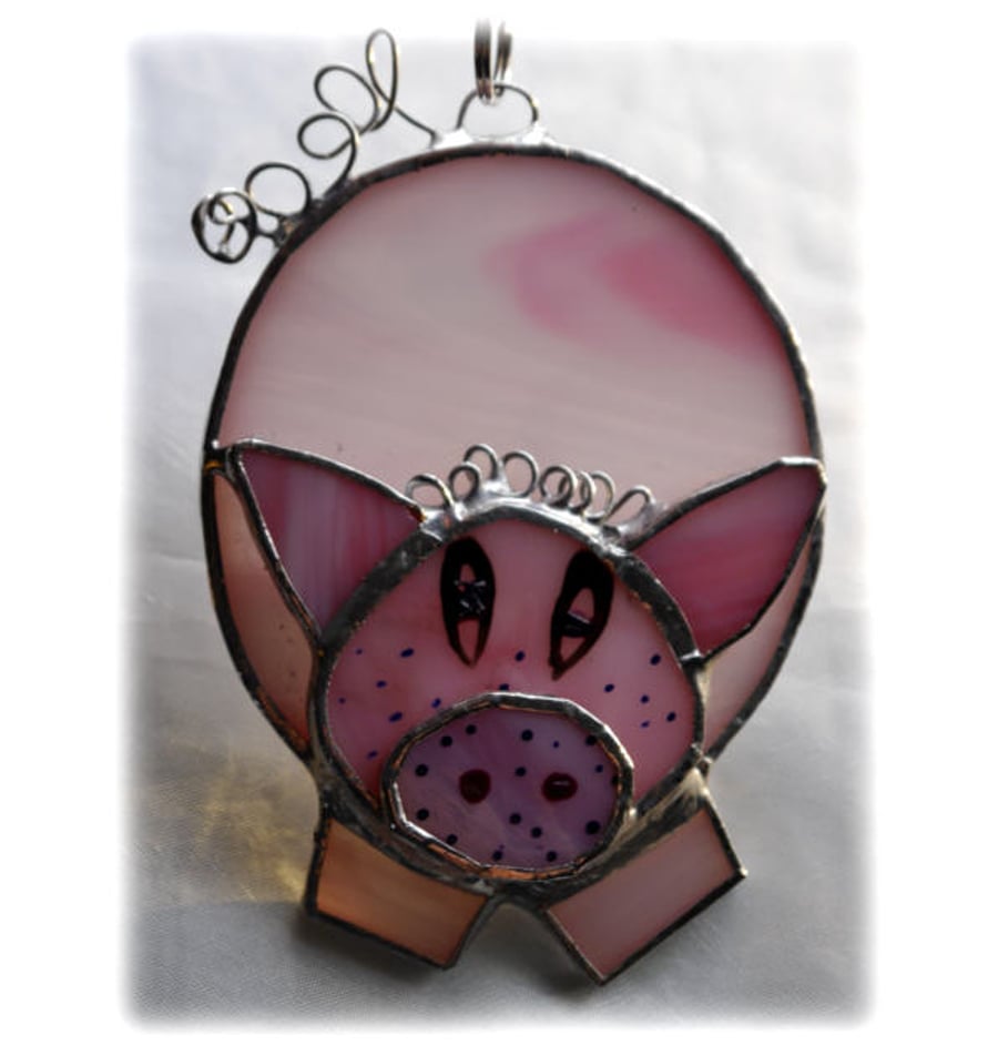 Pig Suncatcher Stained Glass Handmade Pink Piggy