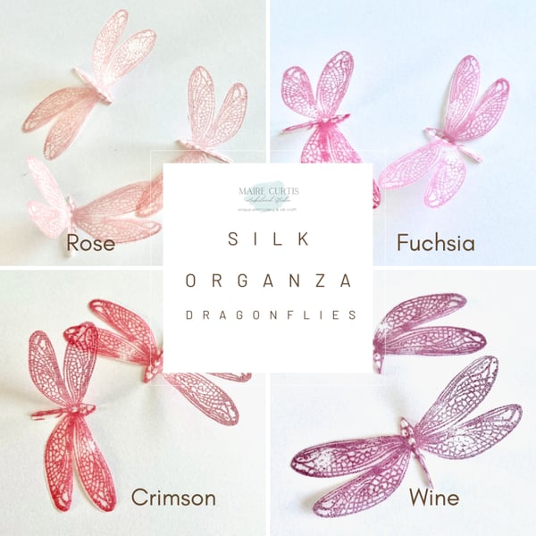 Hand printed Organza Dragonflies in pink and red shades