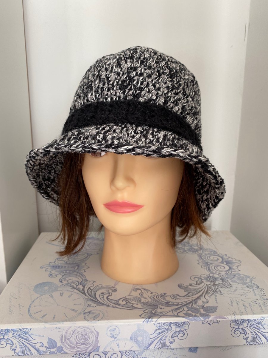 Ladies Black, Grey, White Warm Winter Bucket Hat with Wide Brim & Black Band