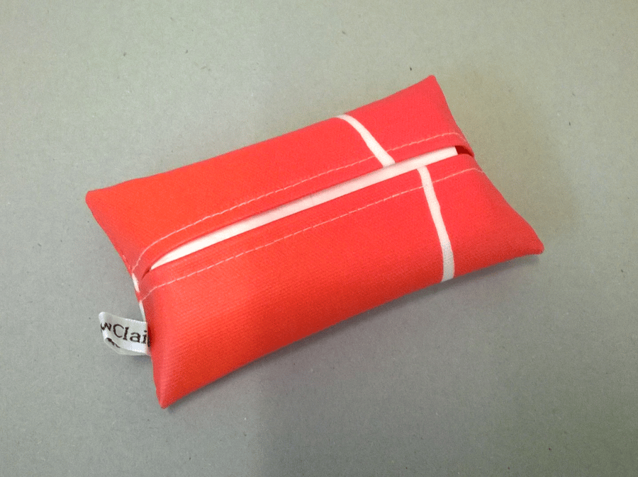 Tissue holder, Coral oilcloth with white flower, handbag size, ladies gift
