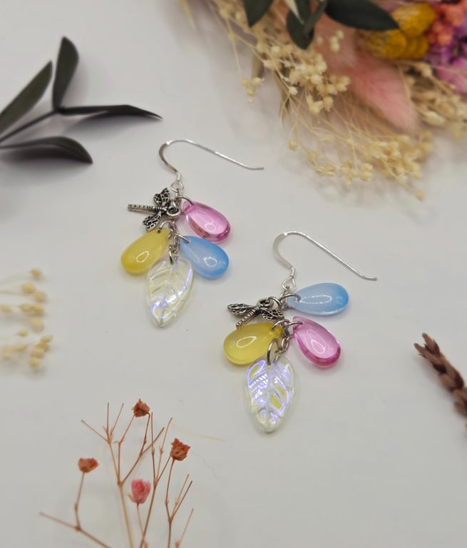 Sterling Silver Dragonfly Charm Cluster Earrings, Whimsical Colourful Jewellery