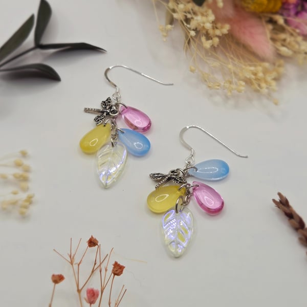 Sterling Silver Dragonfly Charm Cluster Earrings, Whimsical Colourful Jewellery