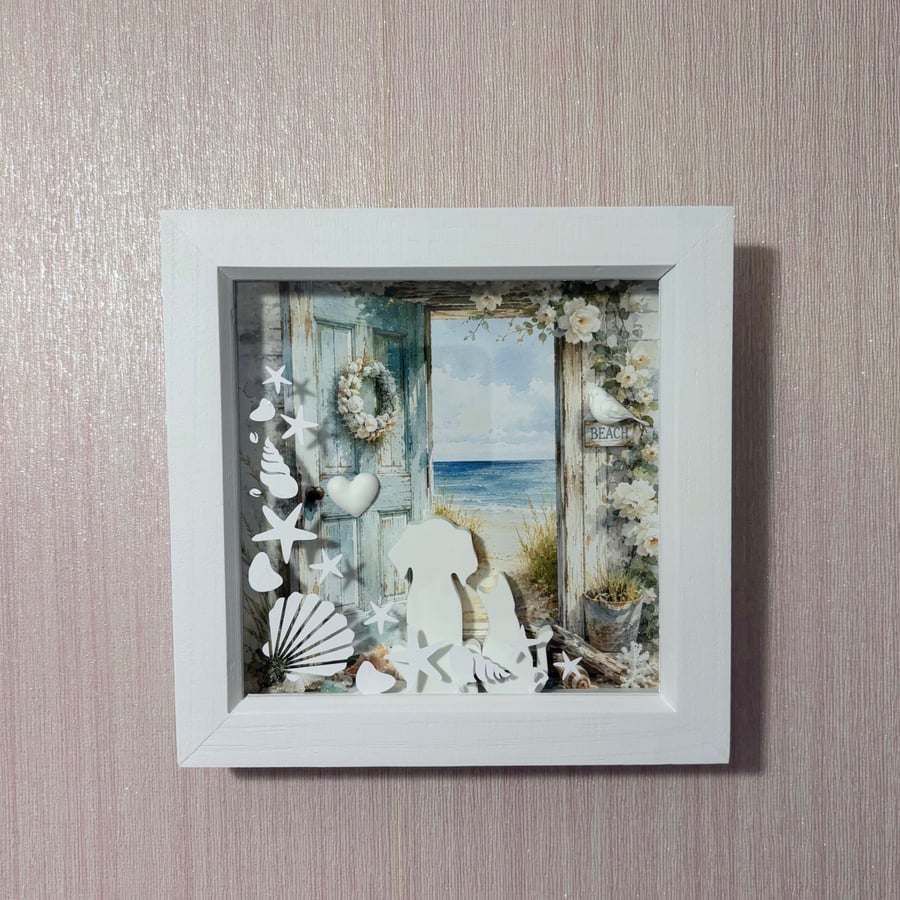 Handmade Coastal Beach Shadow Box Frame – Eco Resin Dog & Cat Sea View Wall Art