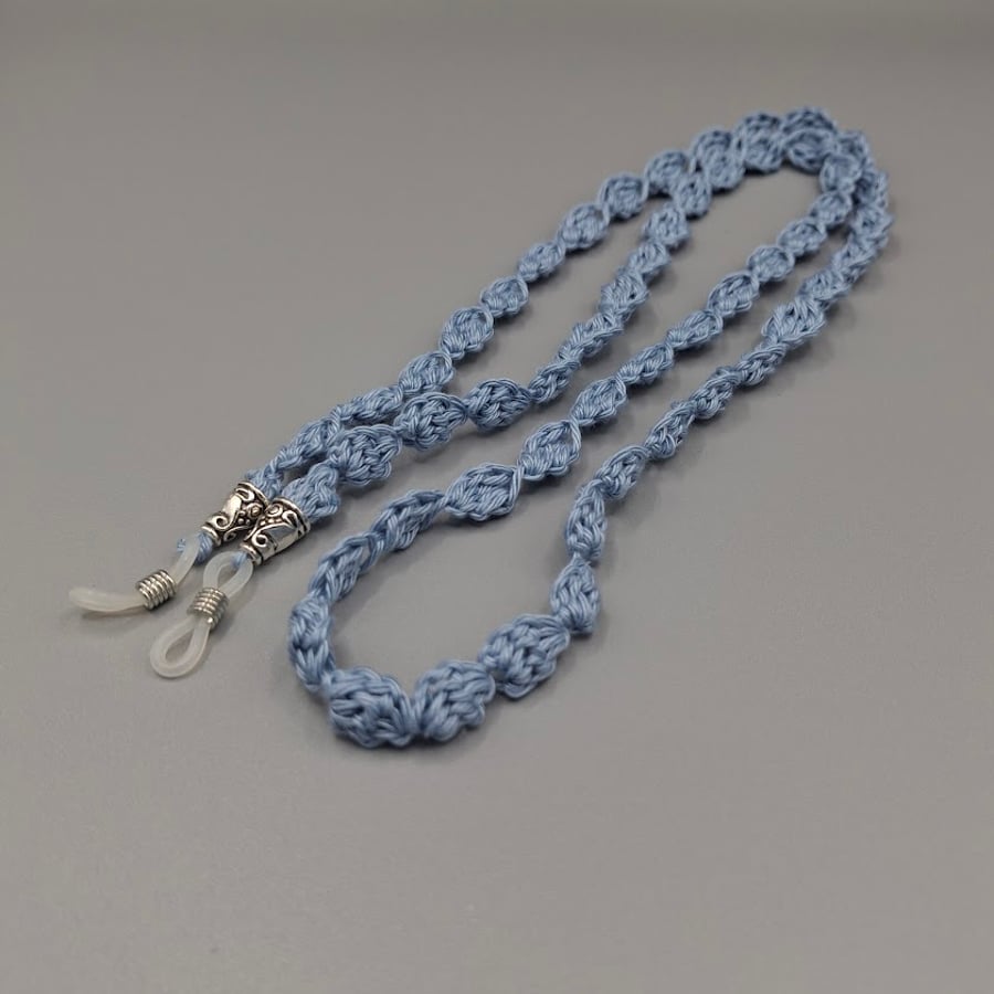 Light blue crochet glasses chain, sunglasses bobble cord