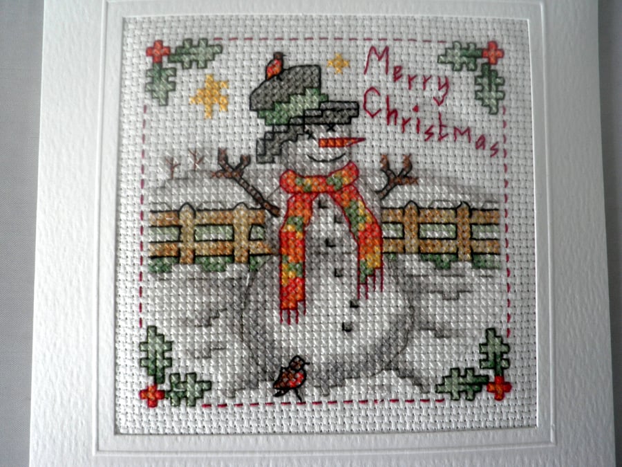 Snowman Cross Stitched Christmas Card