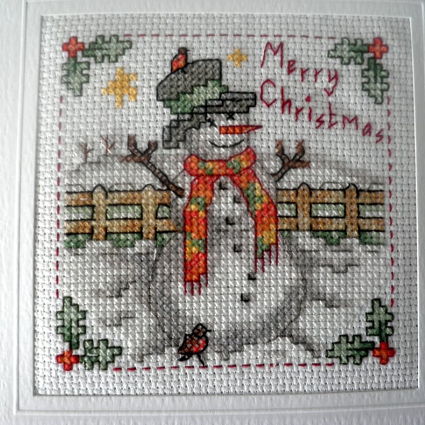 Snowman Cross Stitched Christmas Card