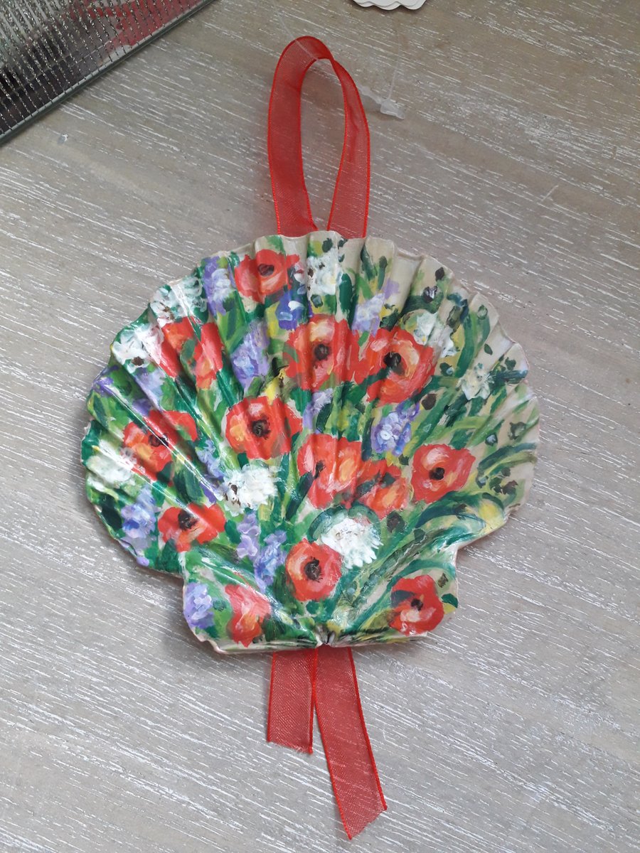 'Red Poppies' handpainted king scallop shell wall art.  