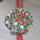 'Red Poppies' handpainted king scallop shell wall art.  