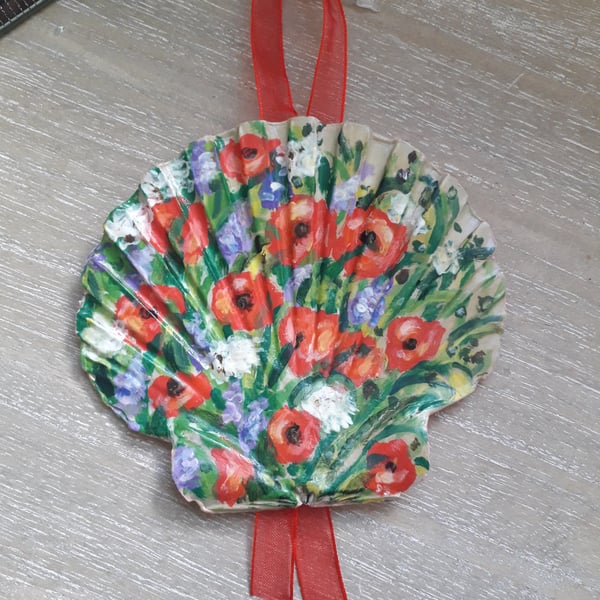 'Red Poppies' handpainted king scallop shell wall art.  