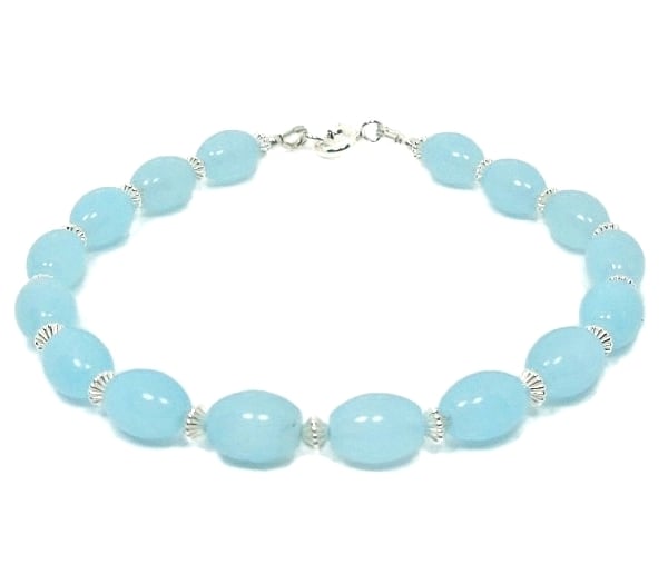 Slim Aqua Blue Amazonite Oval Beads Bracelet With Sterling Silver