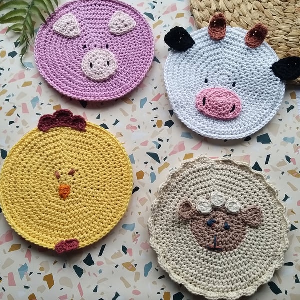 Crochet Set of 4 Place Mats. Pig, Cow, Chick & Sheep