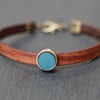 Leather bracelet - dark brown teal antique gold