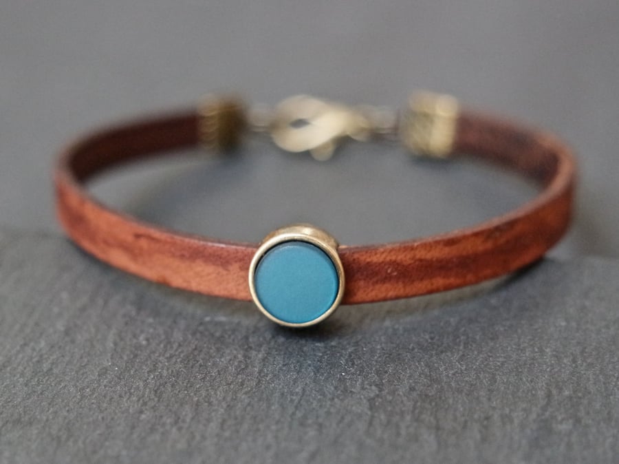 Leather bracelet - dark brown teal antique gold