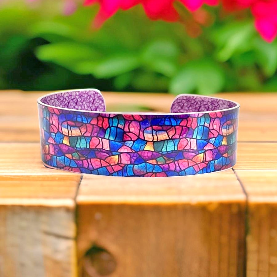 Magenta blue jewellery bangle, abstract cuff bracelet. Can be personalised (821)