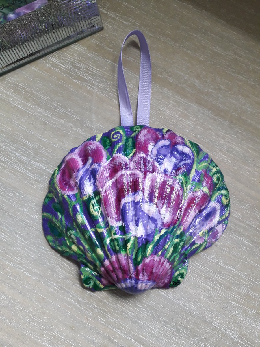 Pink and purple sweet peas handpainted shell wall art