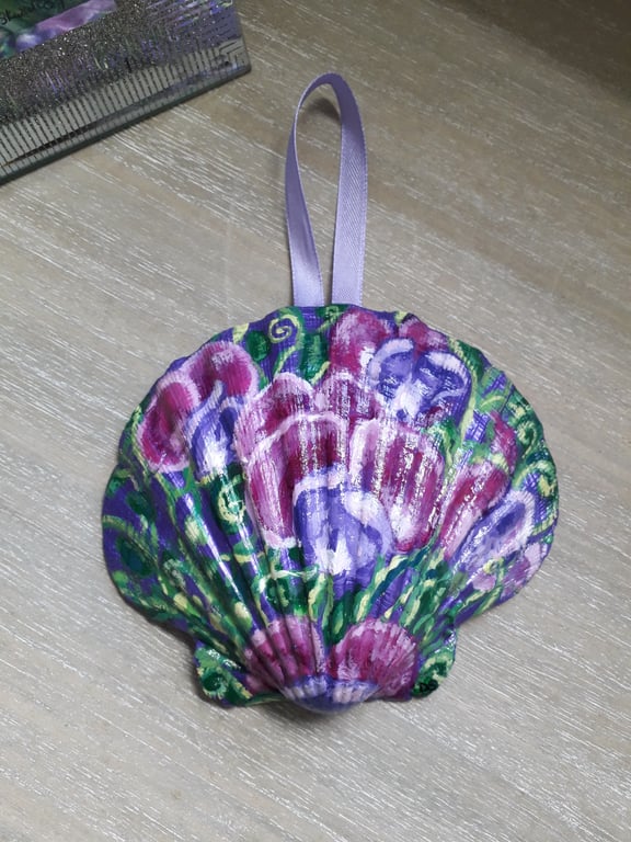 Pink and purple sweet peas handpainted shell wall art