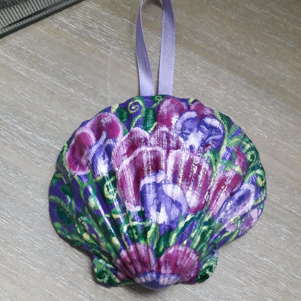 Pink and purple sweet peas handpainted shell wall art
