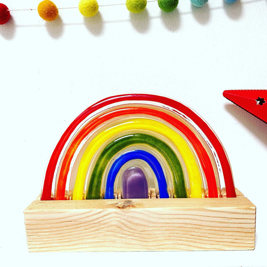 Fused Glass Rainbow with wooden block