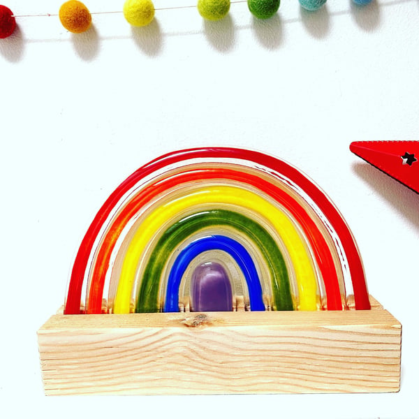 Fused Glass Rainbow with wooden block