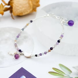 Rainbow Fluorite Gemstone Beaded Celestial Sterling Silver Bracelet Gift for Her