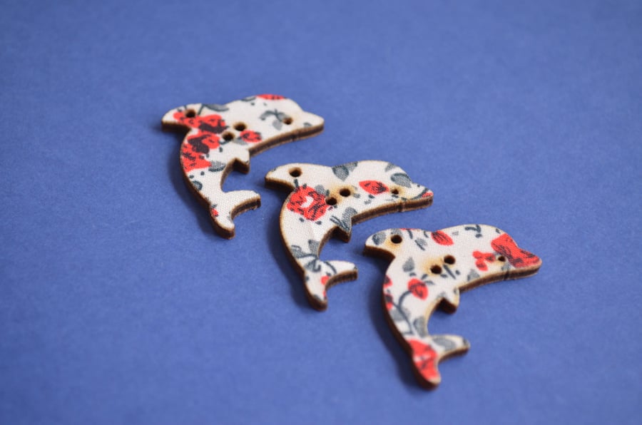 Wooden Dolphin Floral Buttons Red White Blue 3pk 32x20mm Sea Nautical (DP2)