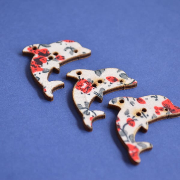 Wooden Dolphin Floral Buttons Red White Blue 3pk 32x20mm Sea Nautical (DP2)