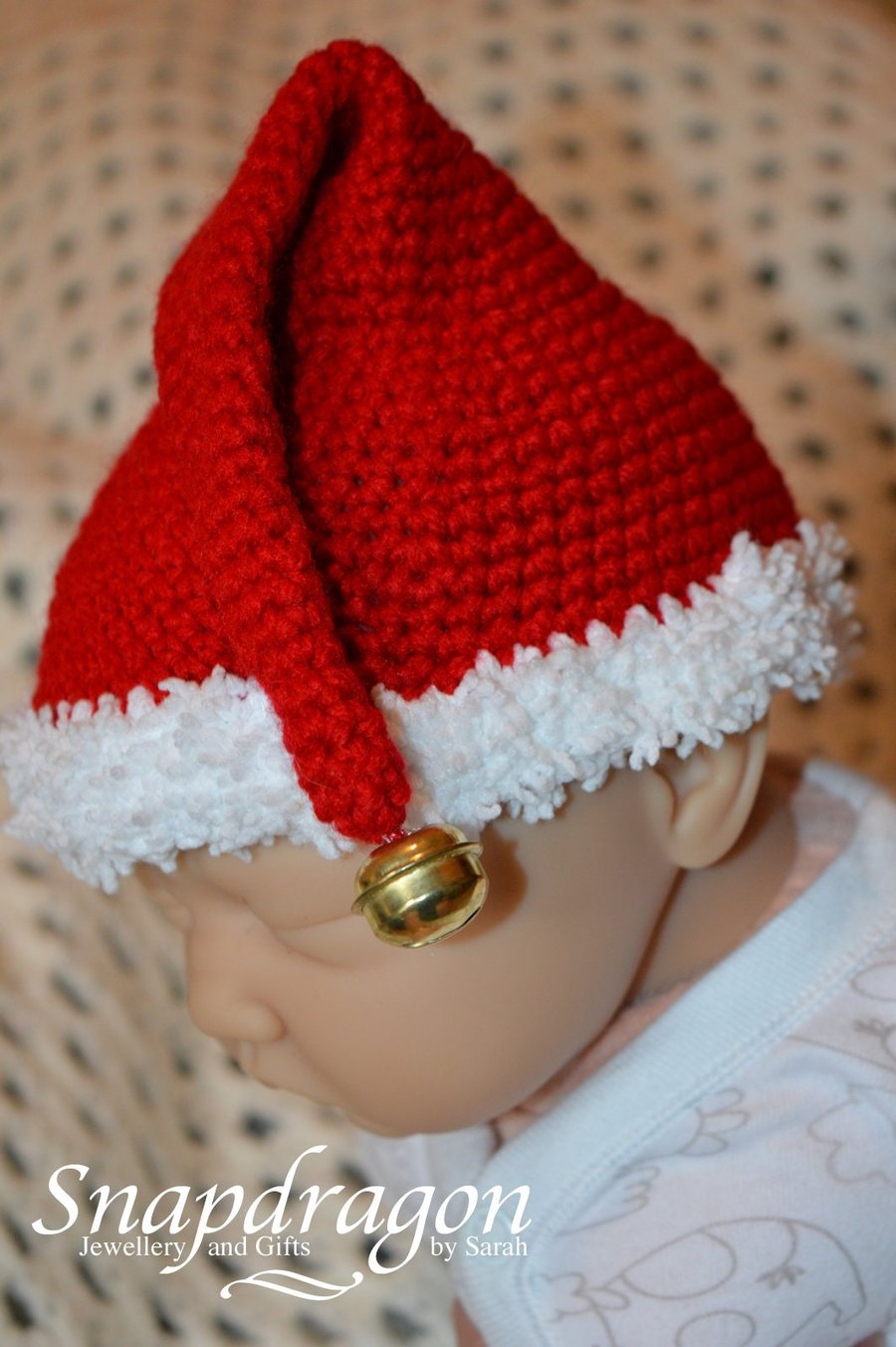 Newborn sized crochet Santa hat with a bell - ready to ship