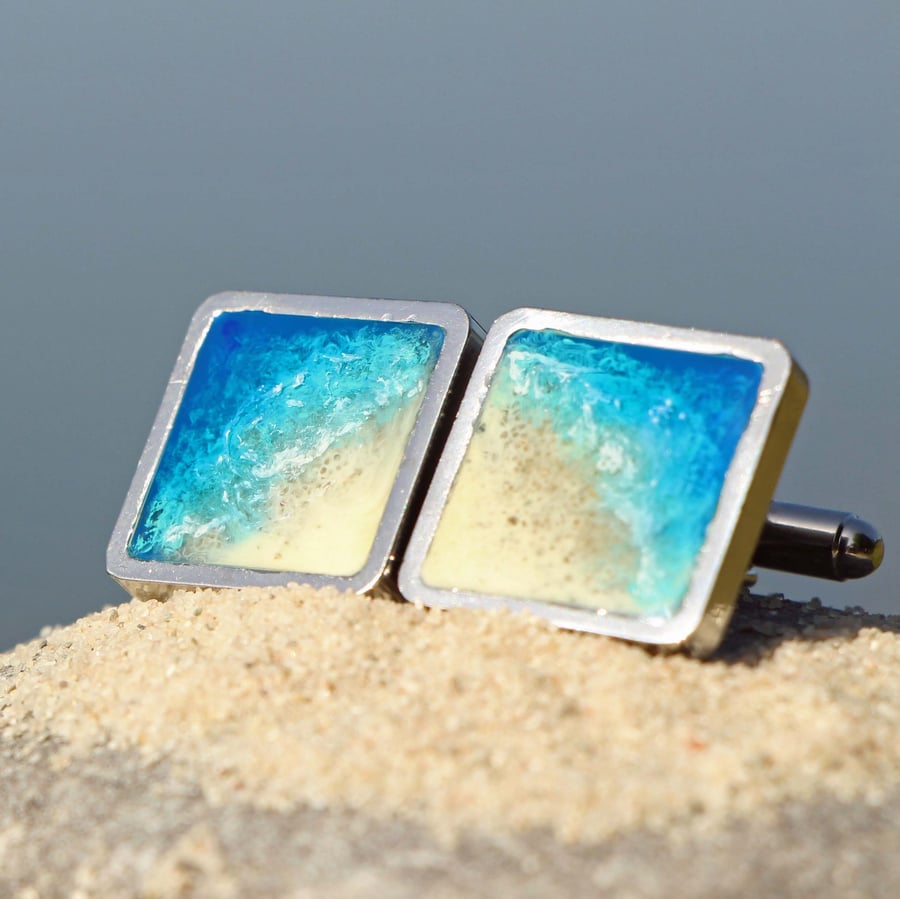 Cufflinks Rhodium Plated Square Beach Sand Ocean Blue Turquoise Resin