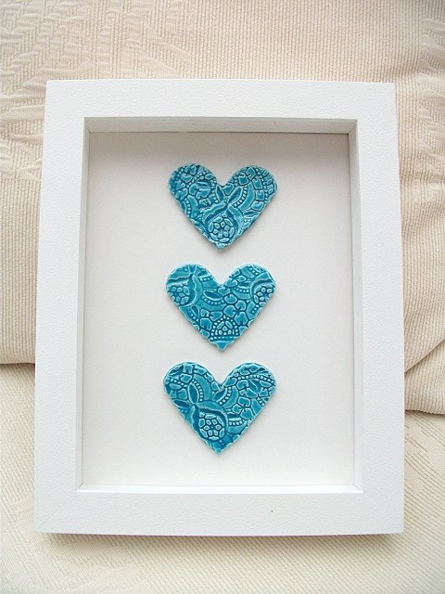SALE.  Ceramic hearts picture imprinted with vintage lace