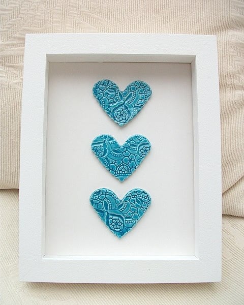SALE.  Ceramic hearts picture imprinted with vintage lace