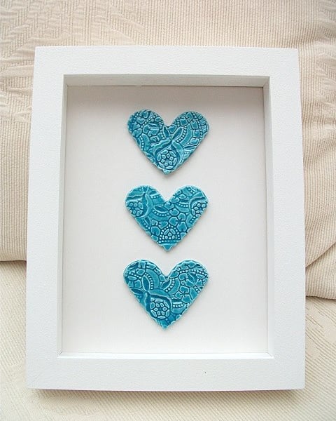 SALE.  Ceramic hearts picture imprinted with vintage lace