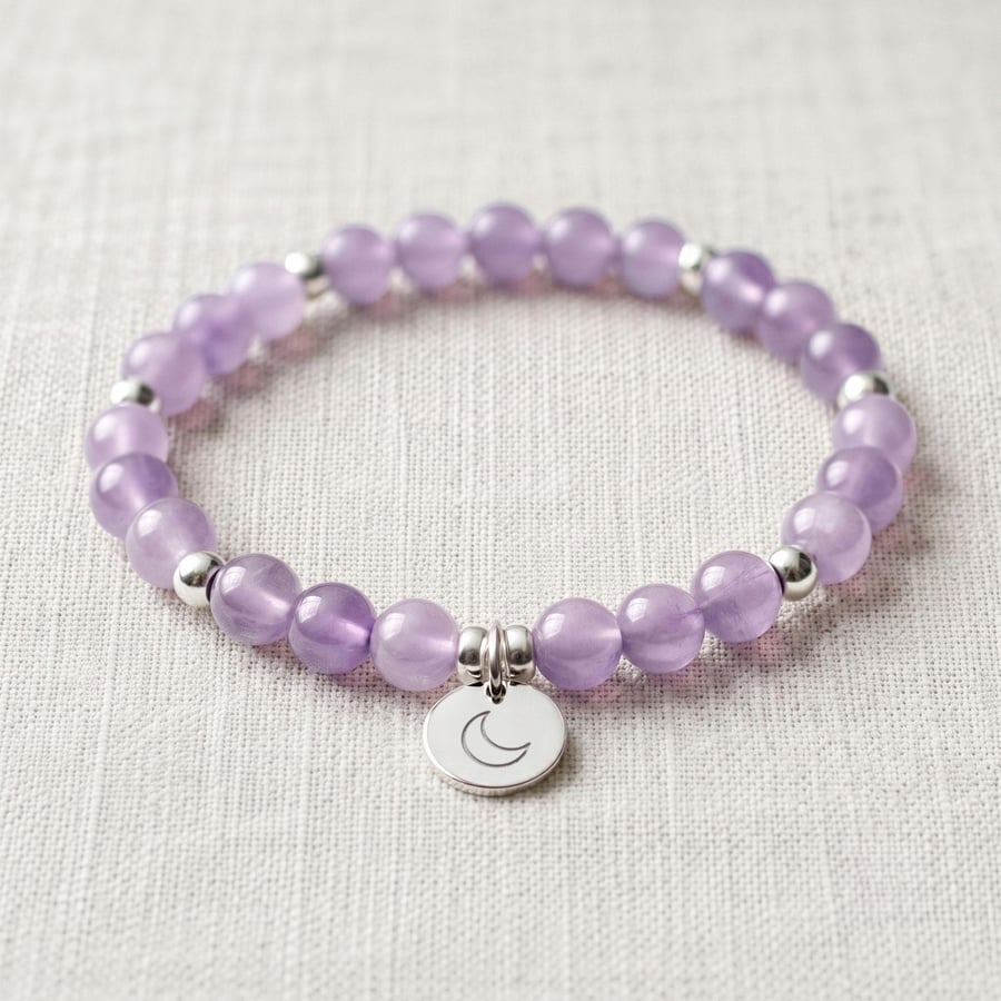 Lavender Amethyst Crystal Bracelet, Calming, Personalised Engraved Gift