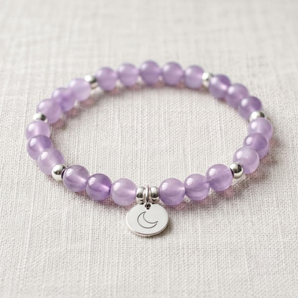 Lavender Amethyst Crystal Bracelet, Calming, Personalised Engraved Gift