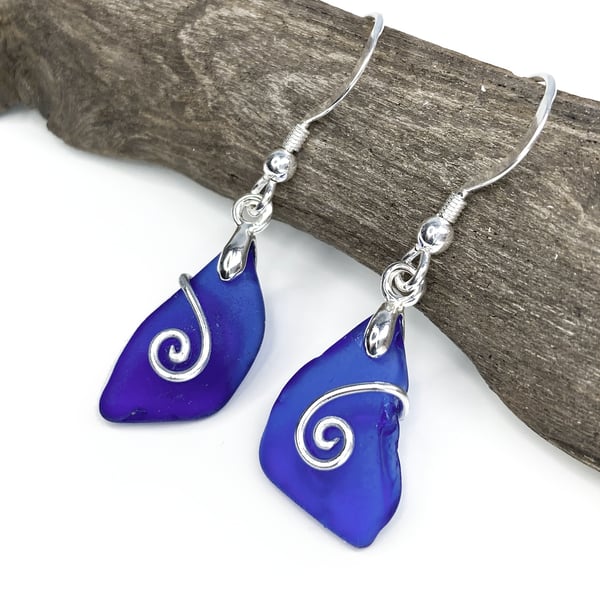 Sea Glass Earrings - Scottish Sterling Silver Blue Celtic Beach Jewellery Gifts