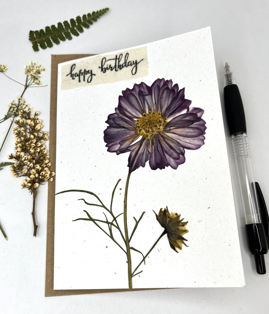 Handmade Real Pressed Cosmos, Birthday Card