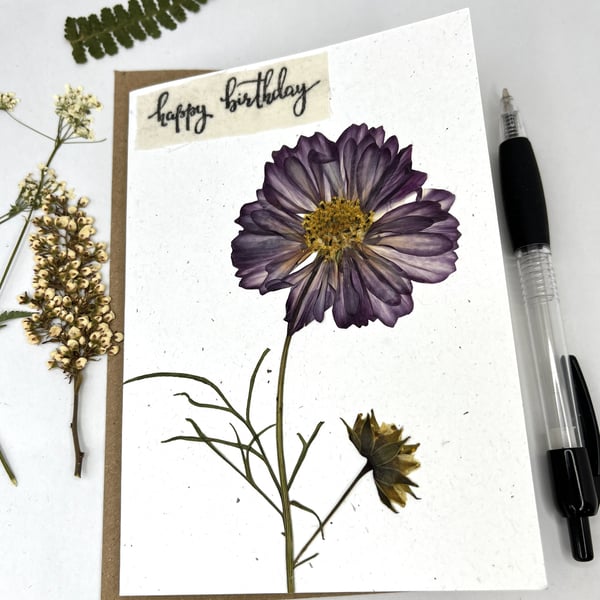 Handmade Real Pressed Cosmos, Birthday Card