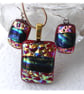 Dichroic Glass Pendant Earring Set 104 Red Band Sparkles with gold plated chain - Image 7