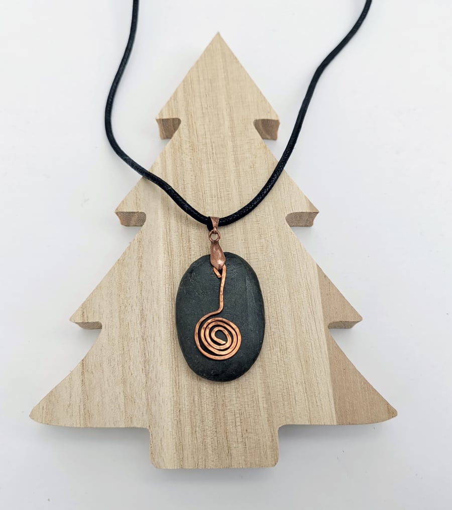 Welsh River Stone and Hammered Copper Pendant 