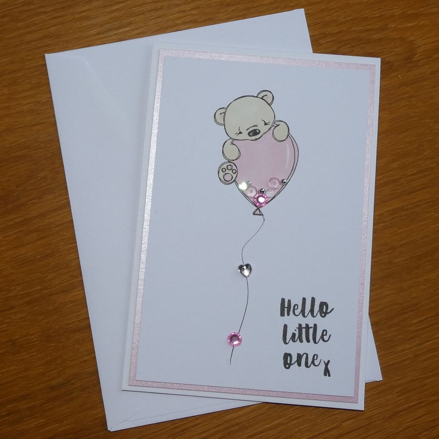 New Baby Card - Teddy With Pink Balloon