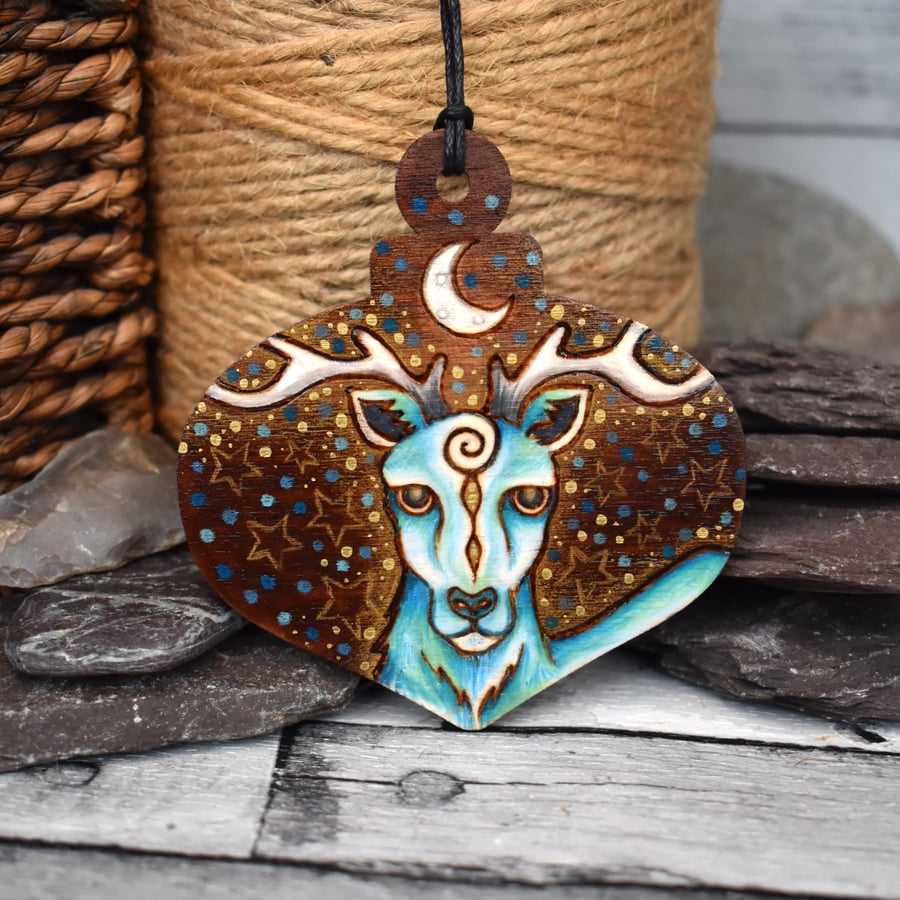 Winter stag hanging bauble. Pyrography personalised Yule decoration.